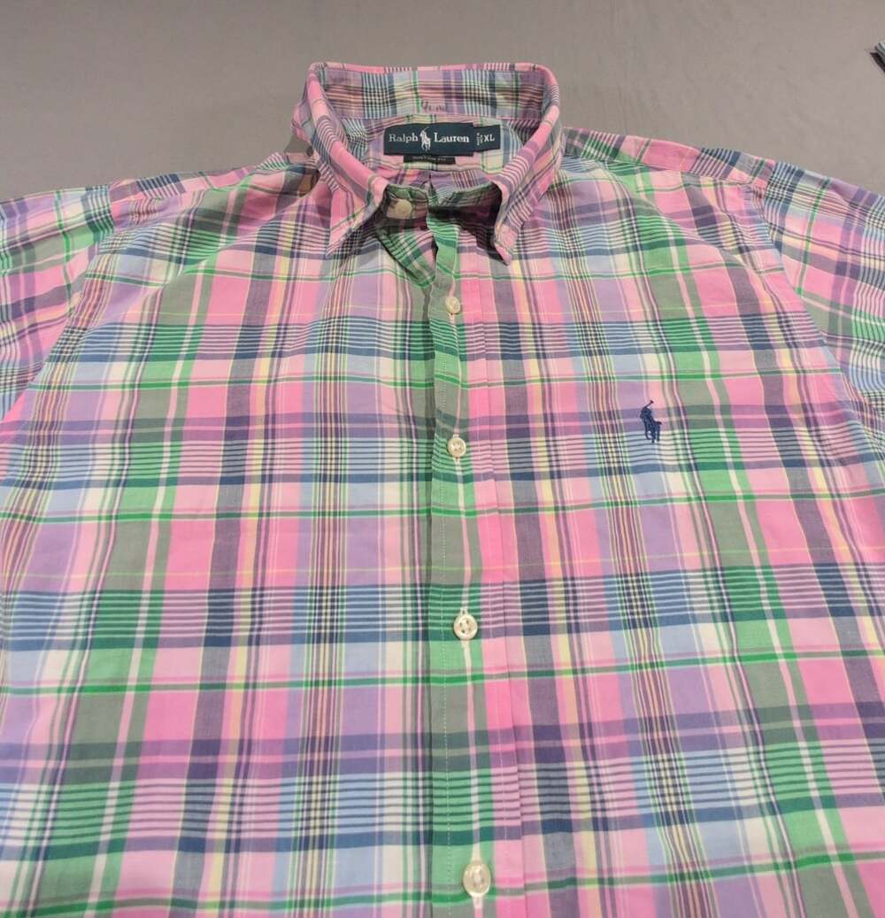 Ralph Lauren Button Down Shirt XL Pink Green Plaid Custom Fit Preppy